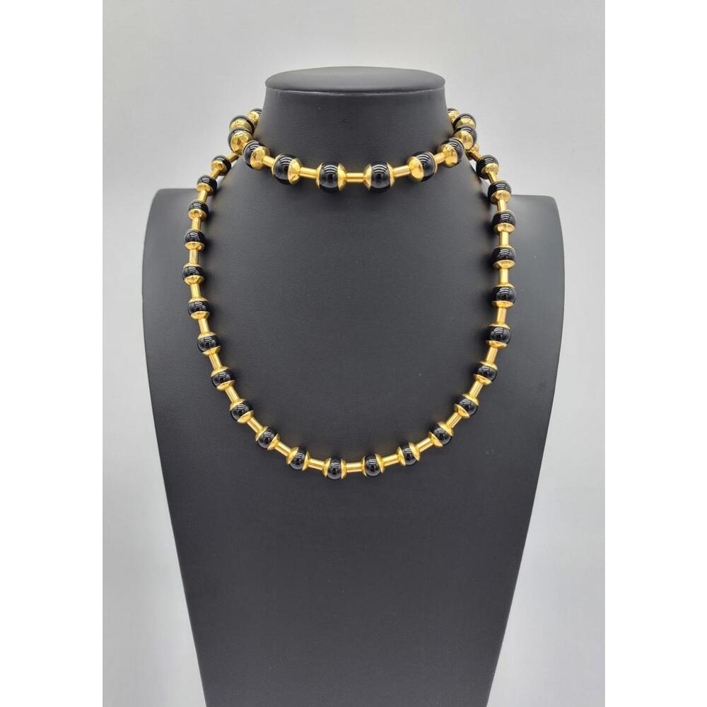 Vintage MMA Met Museum Gold Tone Black Onyx or Glass Bead Necklace Ancient Style